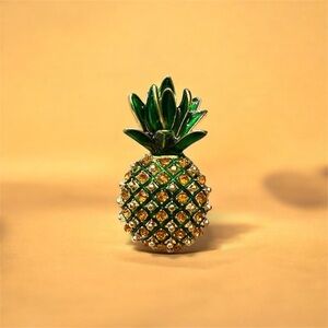 Rhinestone Pineapple Brooch Gold Tone Green Enamel